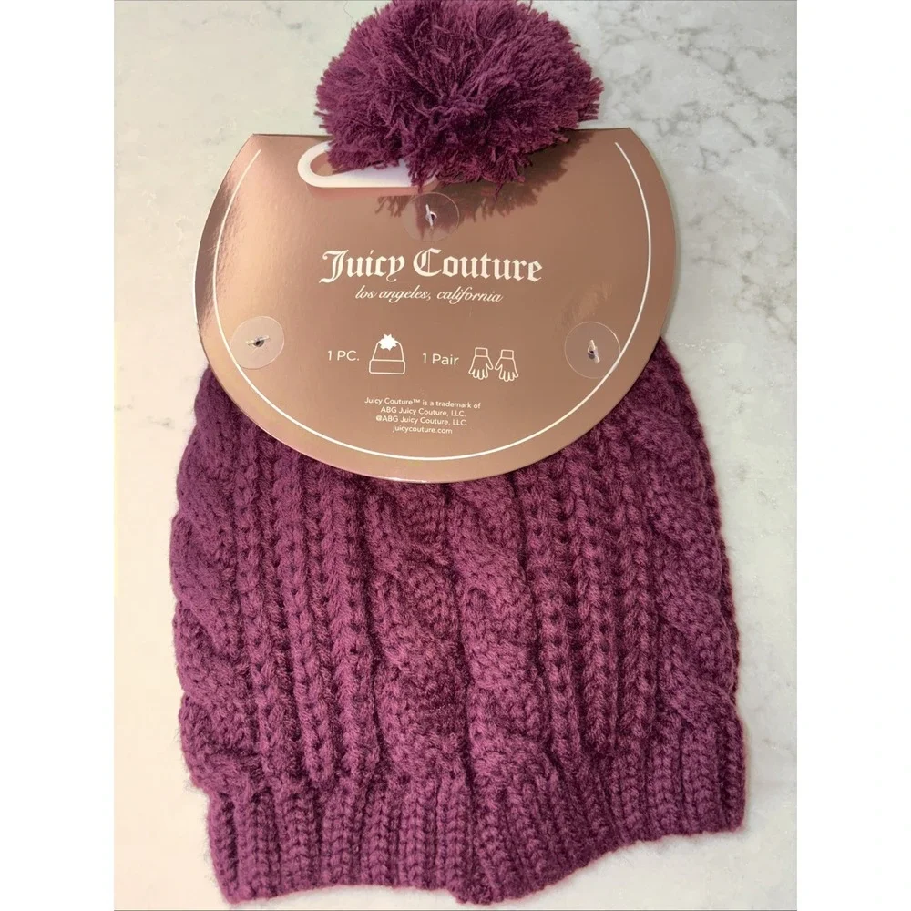 Womens Winter Hat Gloves Set Cable Knit Pom‎ Burgundy Beanie Gift Warm Y2K New